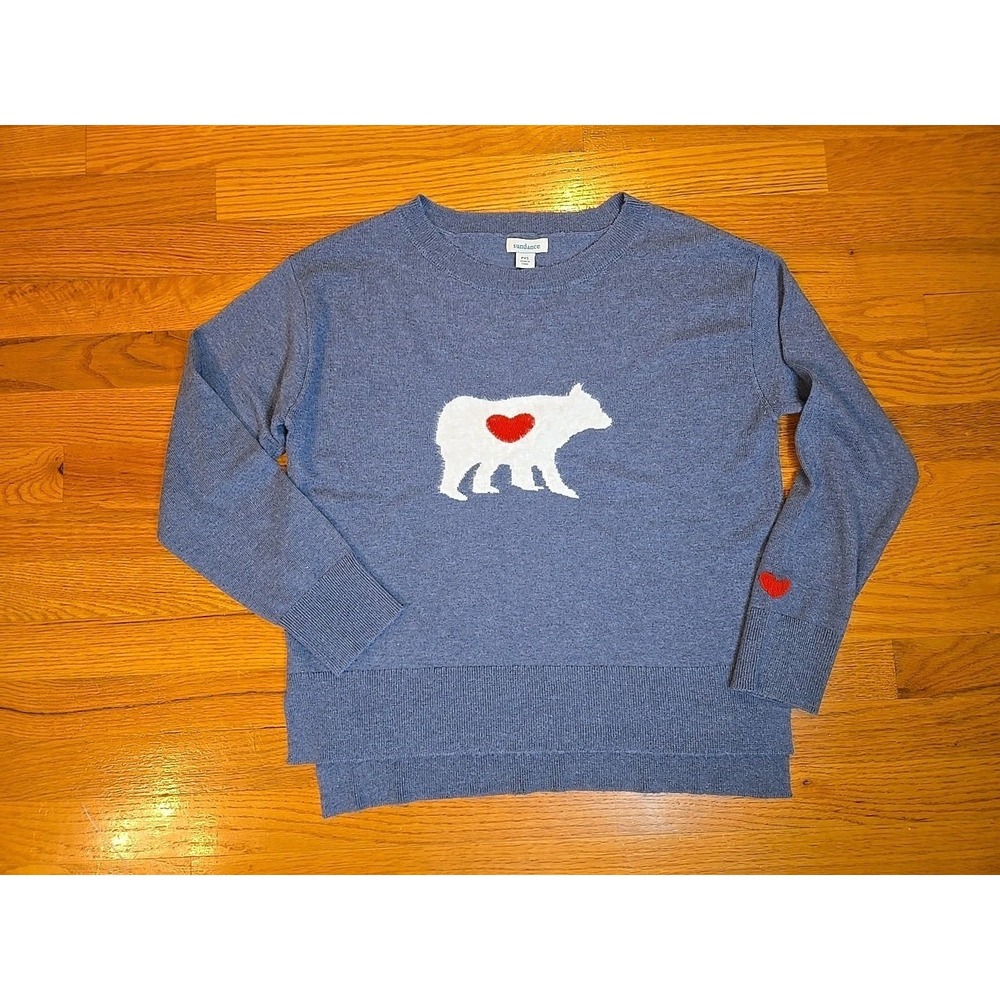 Sundance‎ Womens Polar Bear Heart Cozy Sweater Lambswool Wool Cashmere Blue XSP